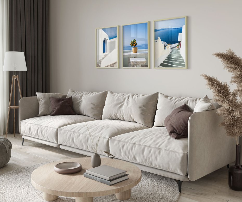 Zestaw obrazy w ramie 30x40 galeria - Santorini, morze, białe, domki - rama drewno