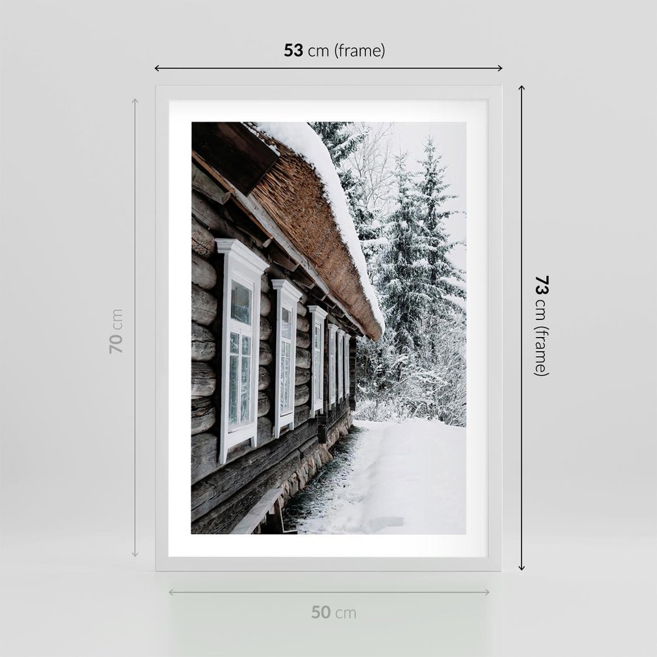 Plakat w ramie 50x70 - Cicha Zima - zima, domek w górach - rama biała