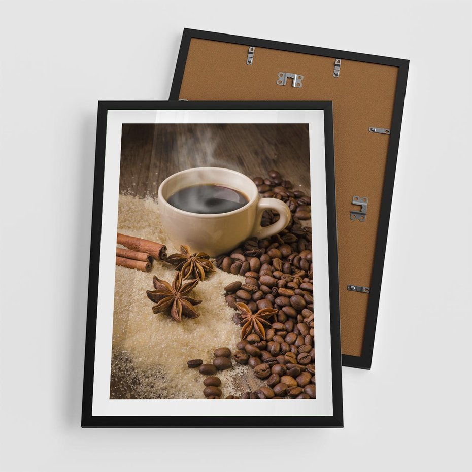 Plakat w ramie 50x70 - Kawowa filiżanka pełna aromatu - kawa, filiżanka - rama czarna