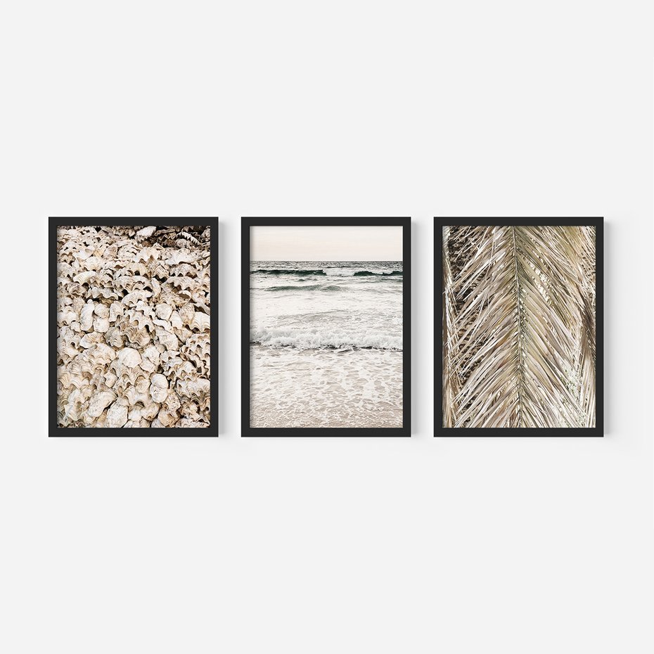 Zestaw obrazy w ramie 50x70 galeria - Plaża, boho, palmy, muszle, morze - rama czarna