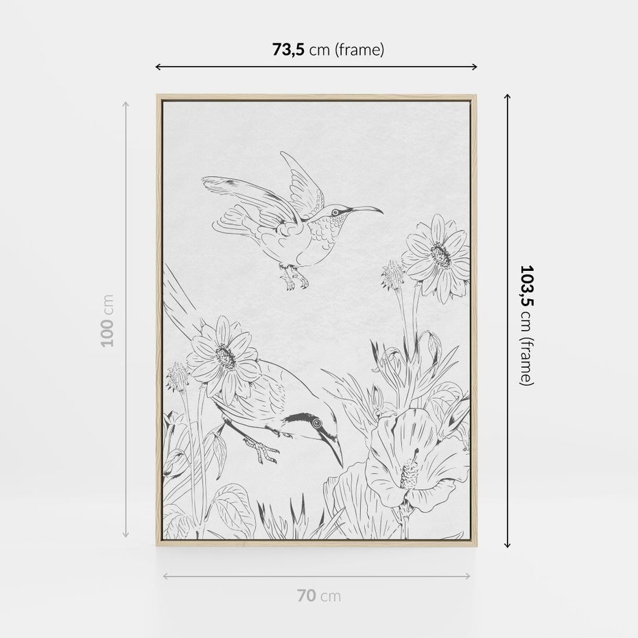 Obraz w ramie 70x100 - Tropiki w Monochromie - czarno biały szkic, tropikalne ptaki - rama drewno