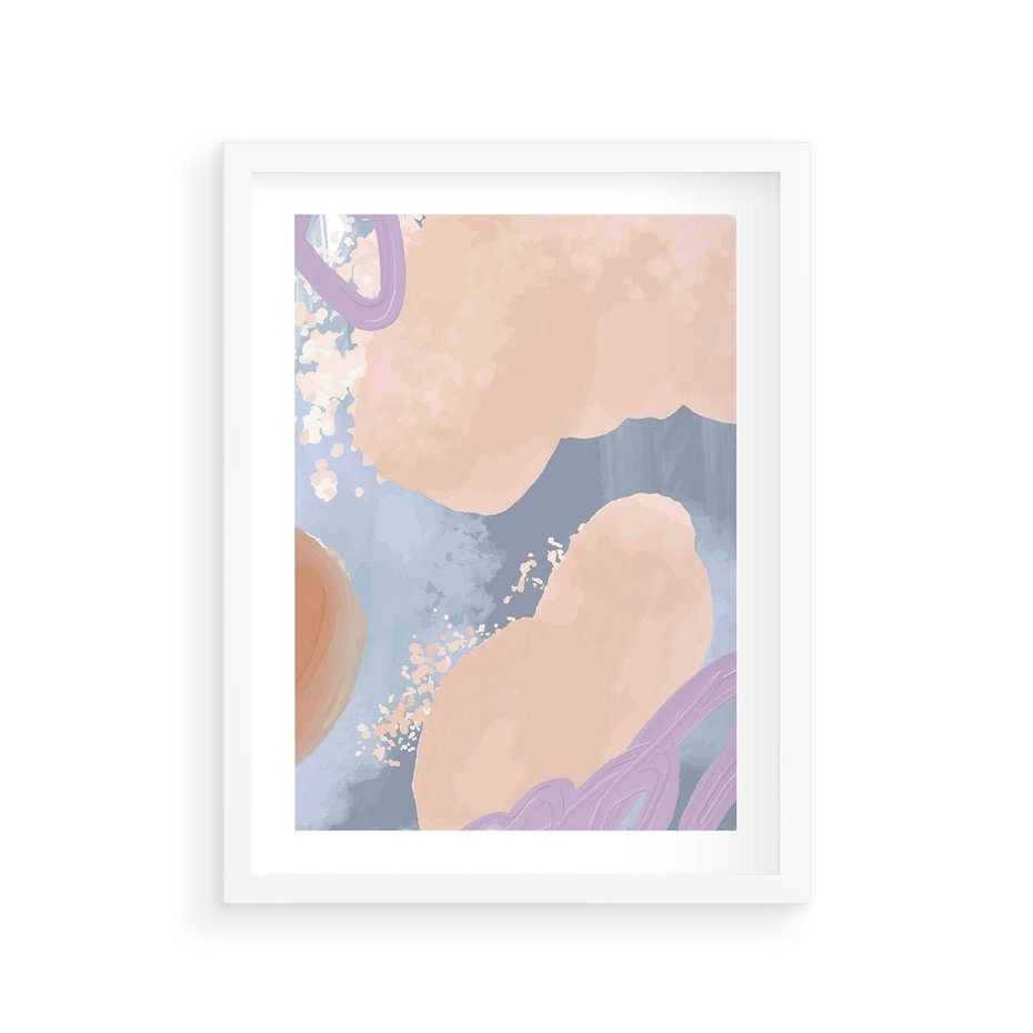 Plakat w ramie 30x40 - Przenikanie Niecodziennych Form - abstrakcyjne akwarelowe plamy, pastele - rama biała