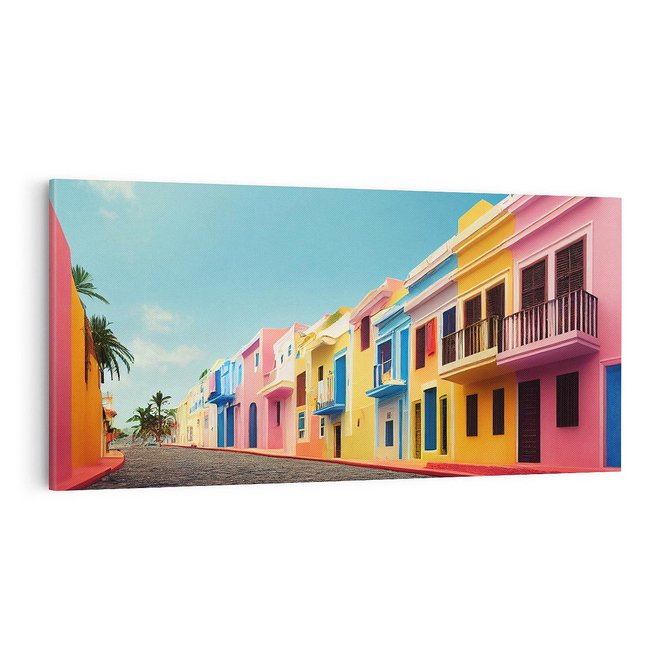 Obraz na płótnie 100x50 - Ekspresja marzeń i tęsknot - pastelowe kolorowe budynki, wzdłuż ulicy
