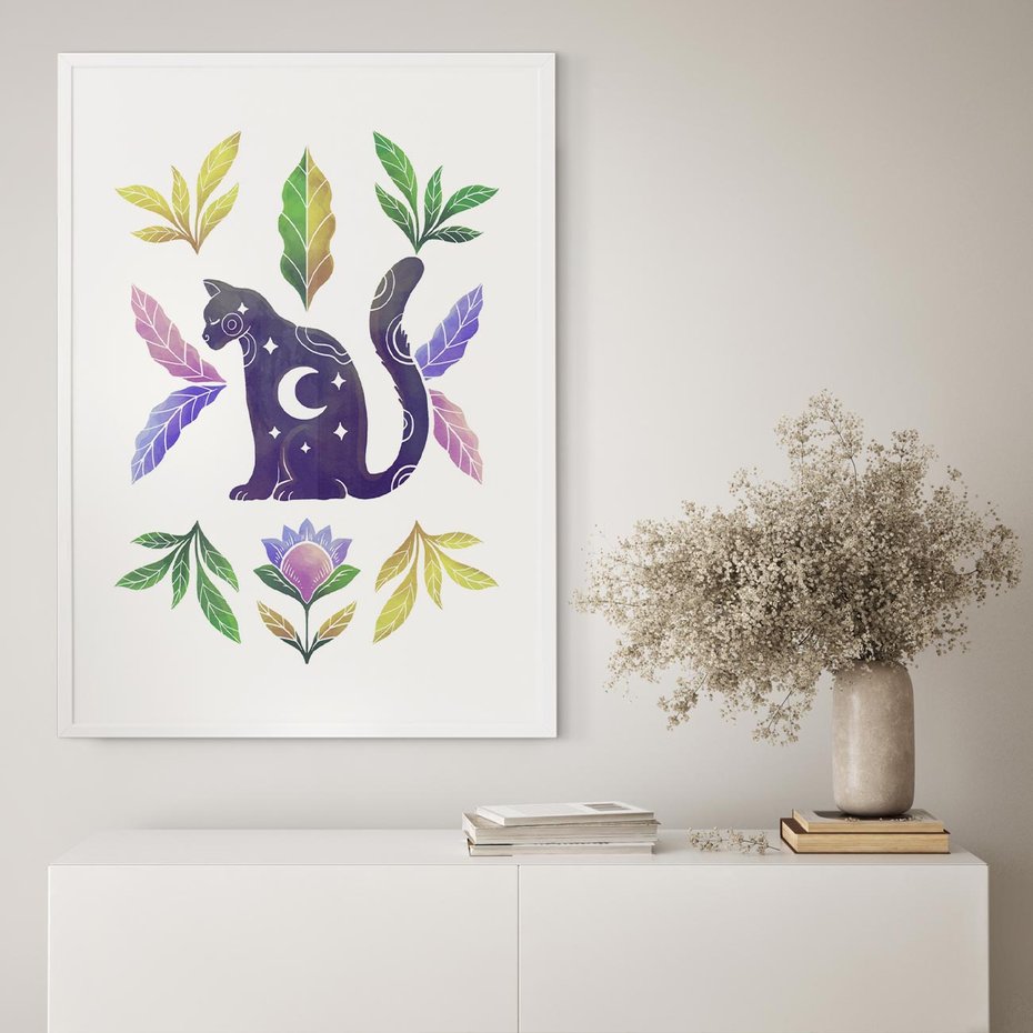 Plakat w ramie 30x40 - Migotliwa Przestrzeń - boho kot, plakat - rama biała