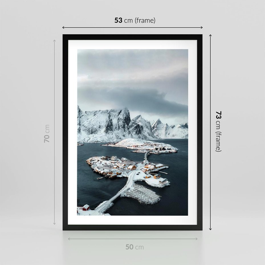 Plakat w ramie 50x70 - Ciepło i Urok Północy - skandynawskie, domki - rama czarna