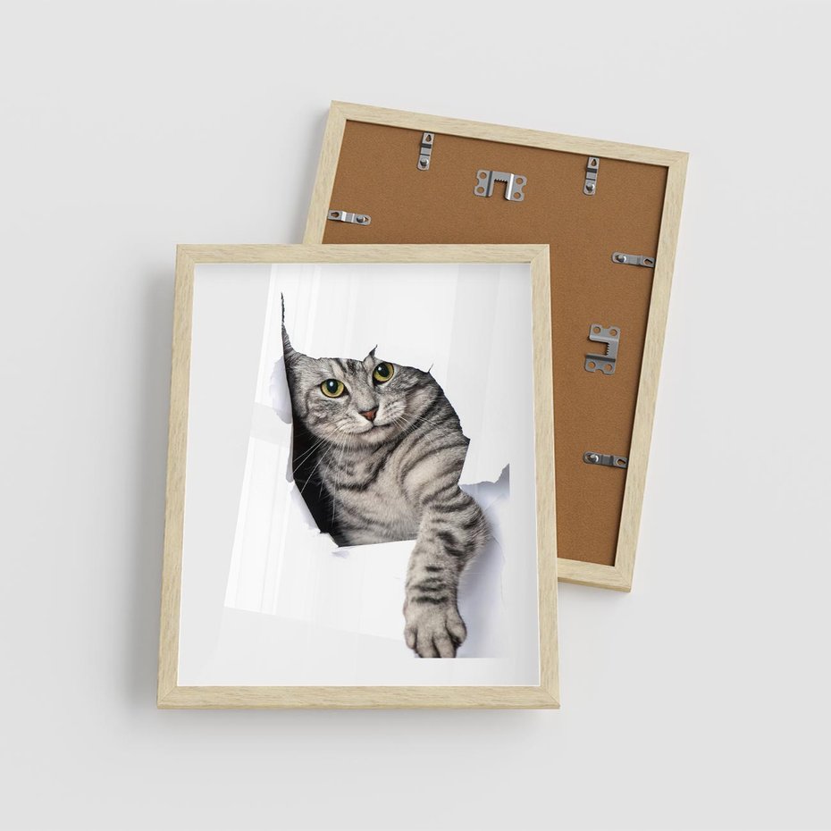 Plakat w ramie 40x50 - Tajemniczy kot i jego świat - kot, dziura - rama drewno