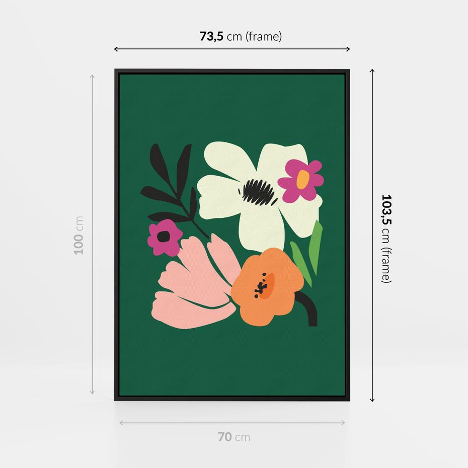 Obraz w ramie 70x100 - Rozbijające Echa - abstrakcyjne kwiaty, zielone tło - rama czarna