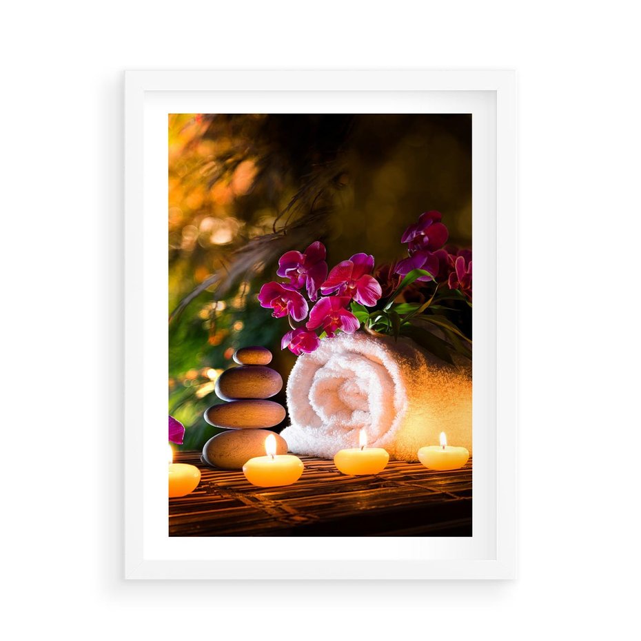 Plakat w ramie 50x70 - Relaksujące spa z płonącymi świecami - spa, świece - rama biała