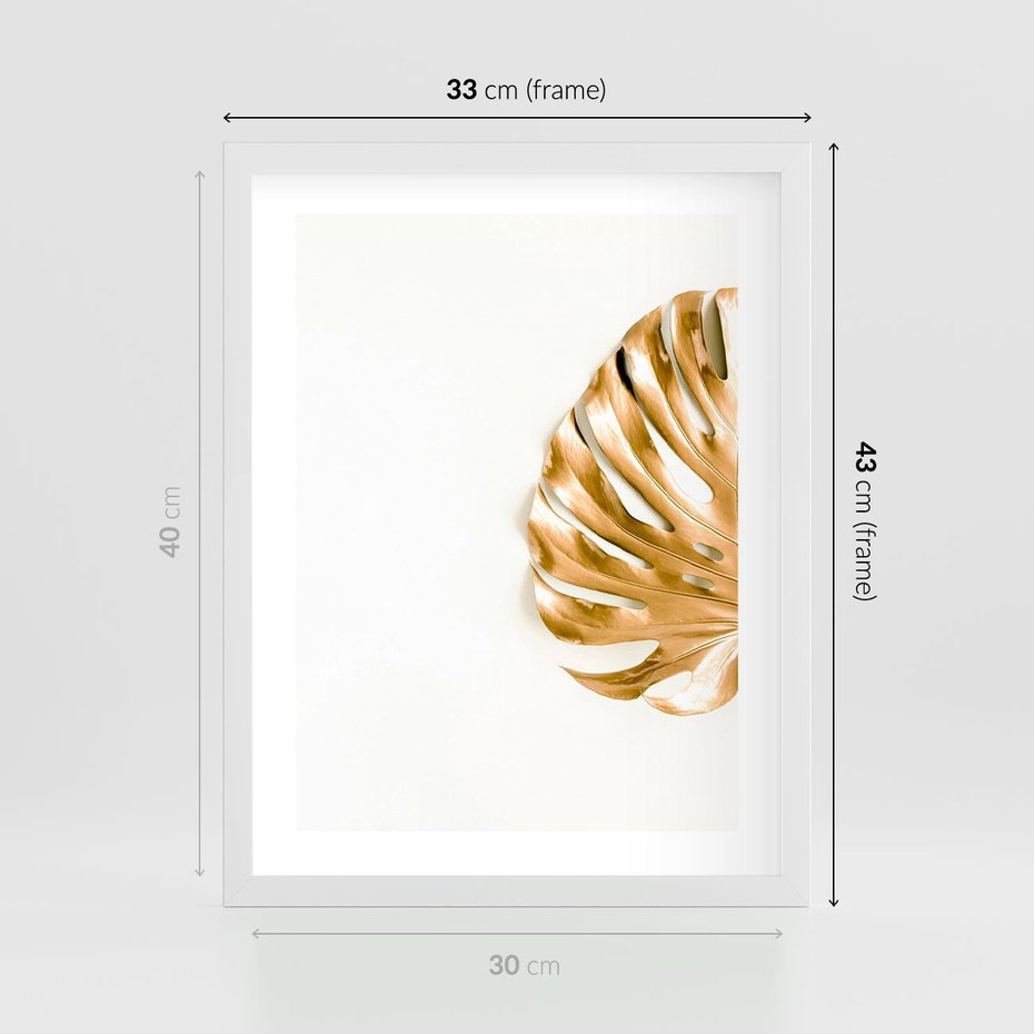 Plakat w ramie 30x40 - Przyjemność dla Oczu - złote, liście - rama biała