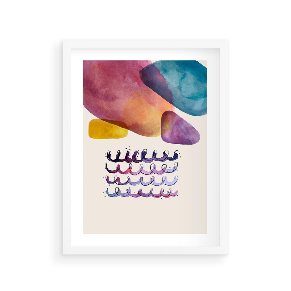 Plakat w ramie 30x40 - Impresje Akwarelowej Przestrzeni - kolorowe pastelowe plamy, rozmyte żywe kolory - rama biała