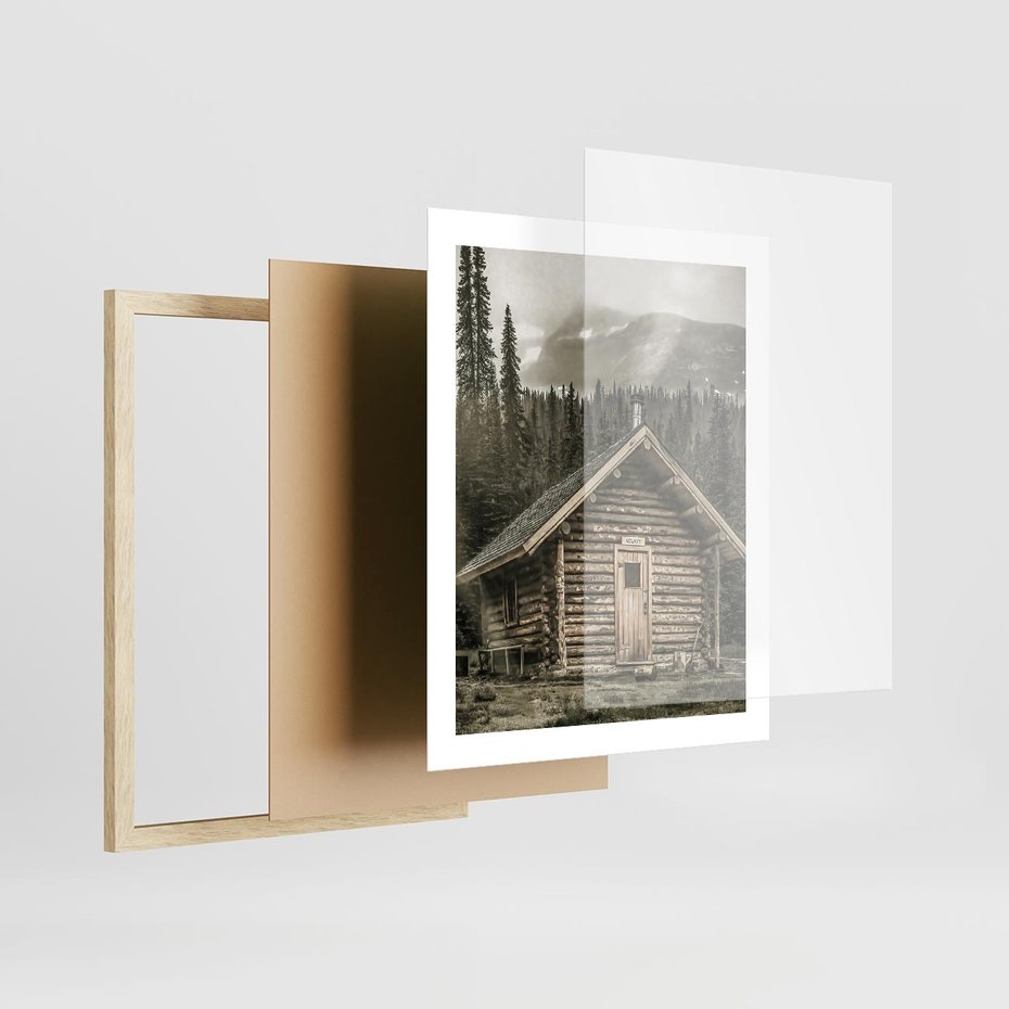 Plakat w ramie 40x50 - Urok Drewnianej Chatki w Górach - chatka w górach, drewniany domek - rama drewno