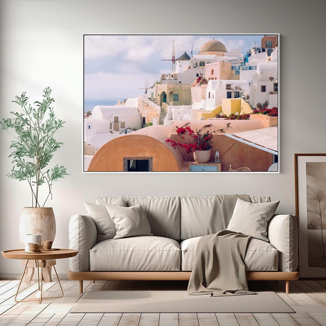 Obraz w ramie 70x50 - Błękit Morza i Białe Domki - Santorini, wyspa - rama biała