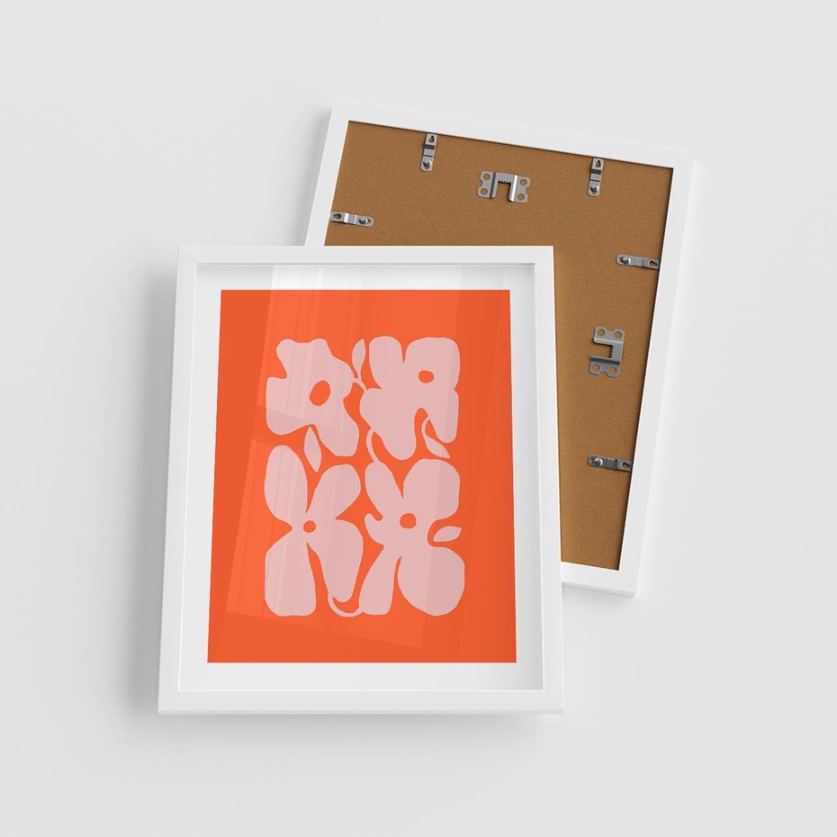 Plakat w ramie 40x50 - Taniec Abstrakcji - kwiaty, energetyczne pomarańczowe tłó - rama biała