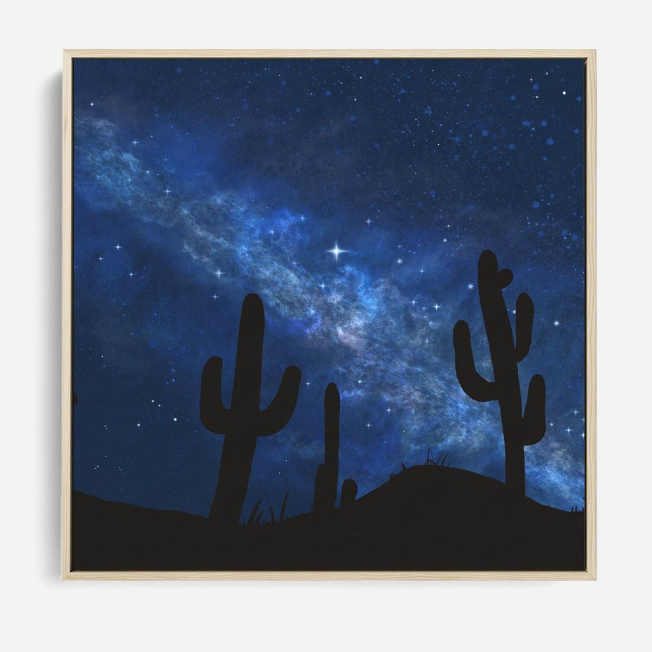 Obraz w ramie 80x80 - Nocne Tajemnice Pustyni - gwieździsta noc, granatowe niebo - rama drewno
