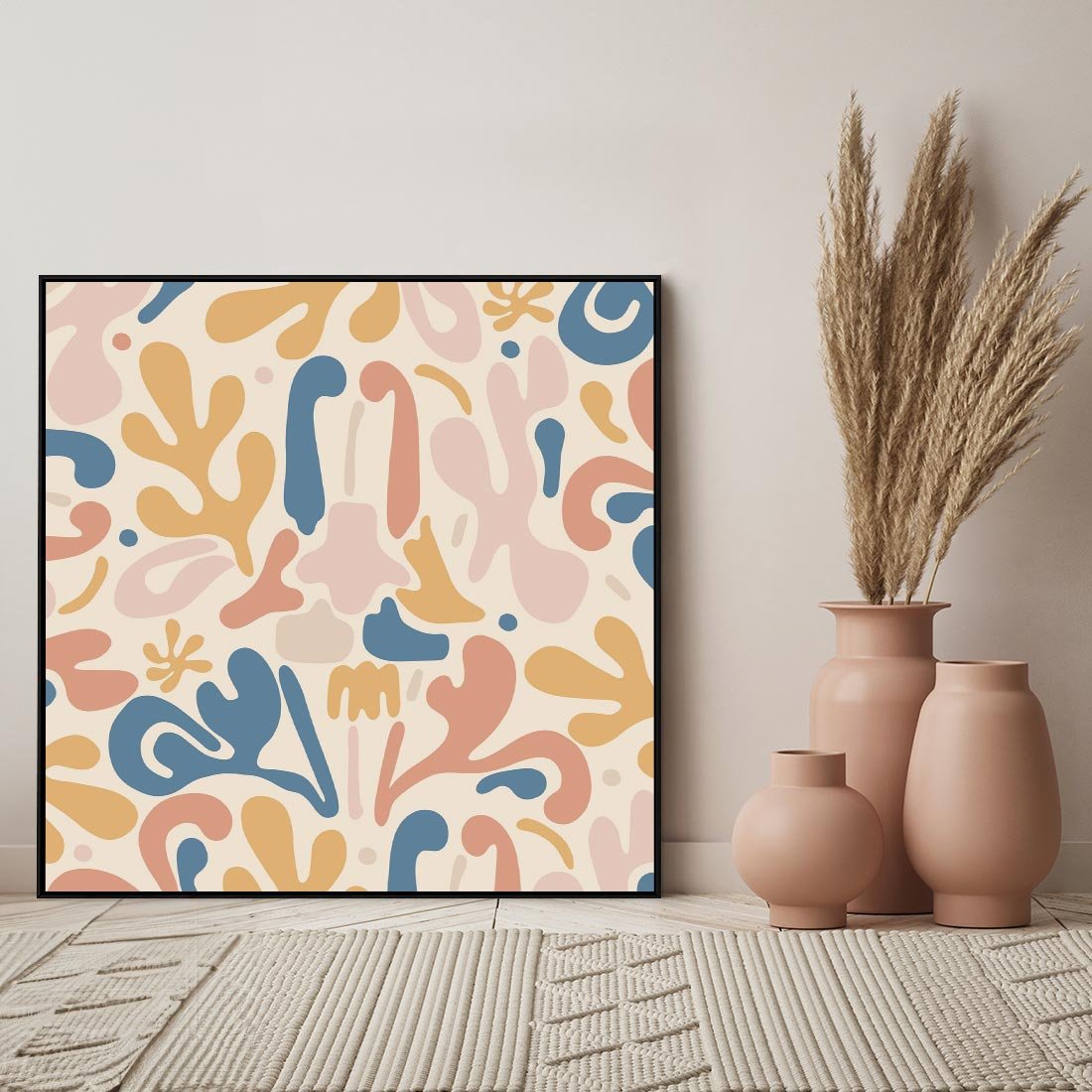 Obraz w ramie 50x50 - Symfonia Radosnych Barw - abstrakcyjne pastelowe formy, nowoczesna grafika w stylu boho - rama czarna