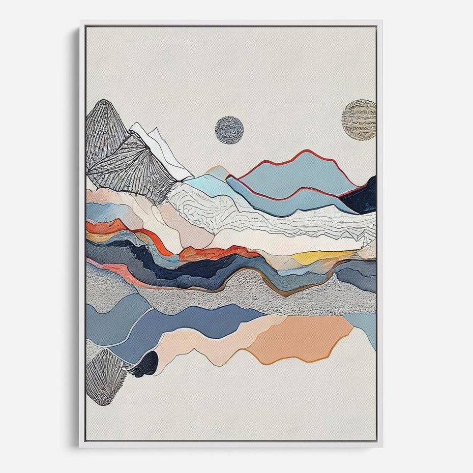 Obraz w ramie 50x70 - Dynamiczne Góry - akwarelowe graficzne góry, krajobraz - rama biała