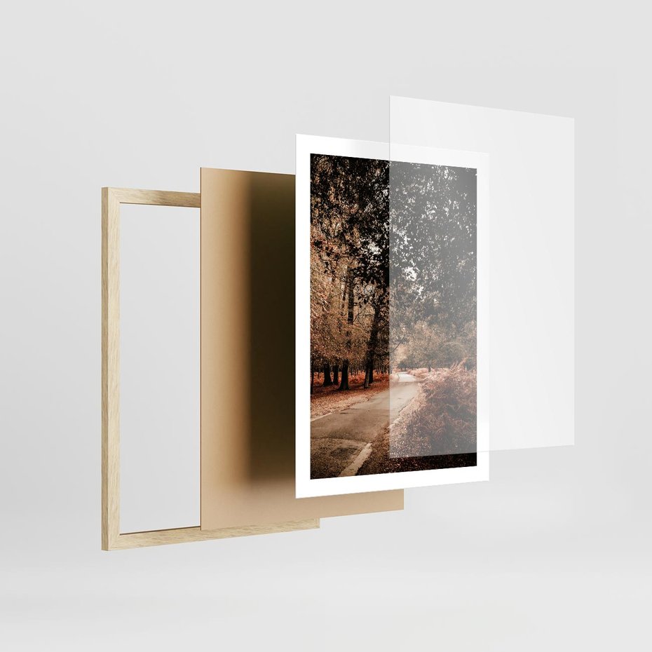 Plakat w ramie 50x70 - Magia Jesieni: Pejzaż Parku w Odcieniach Żółci - jesień, park - rama drewno