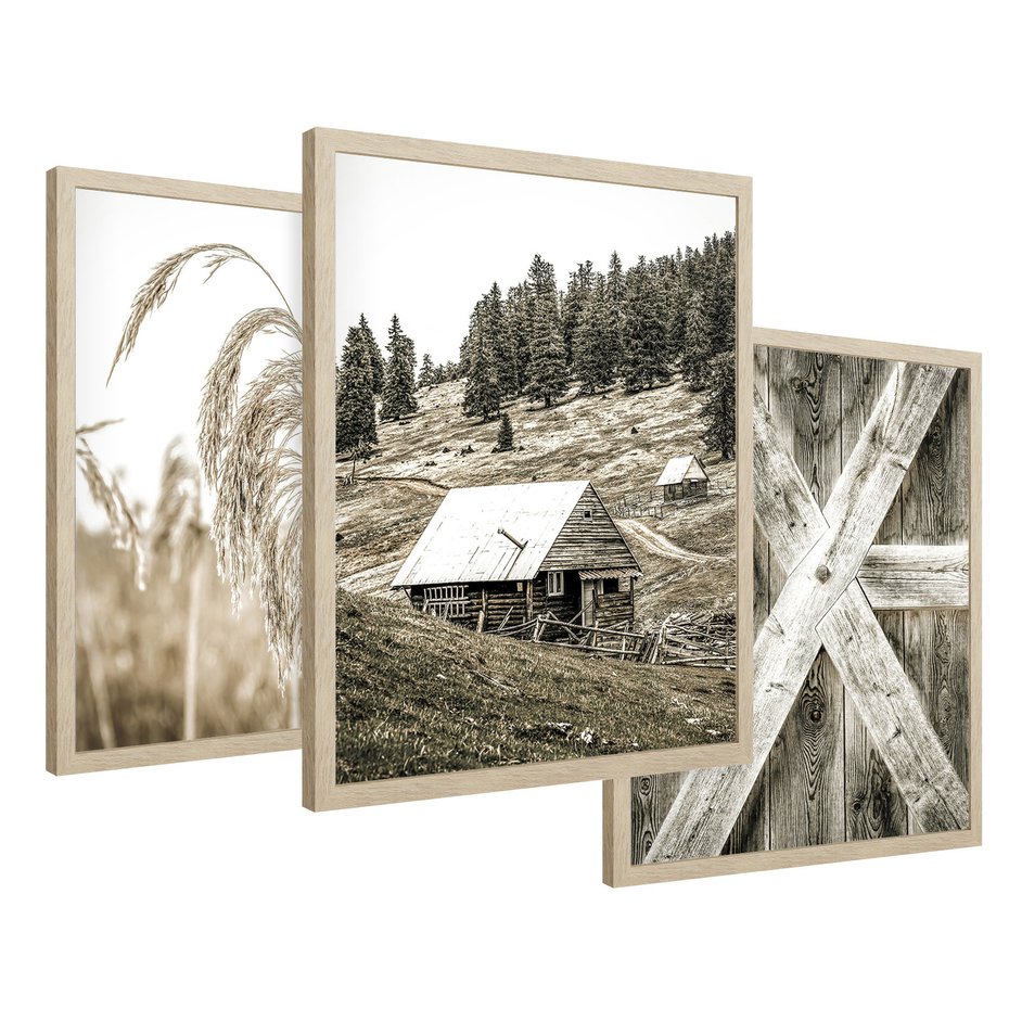 Zestaw obrazy w ramie 30x40 galeria - Chata, szopa, w, górach - rama drewno