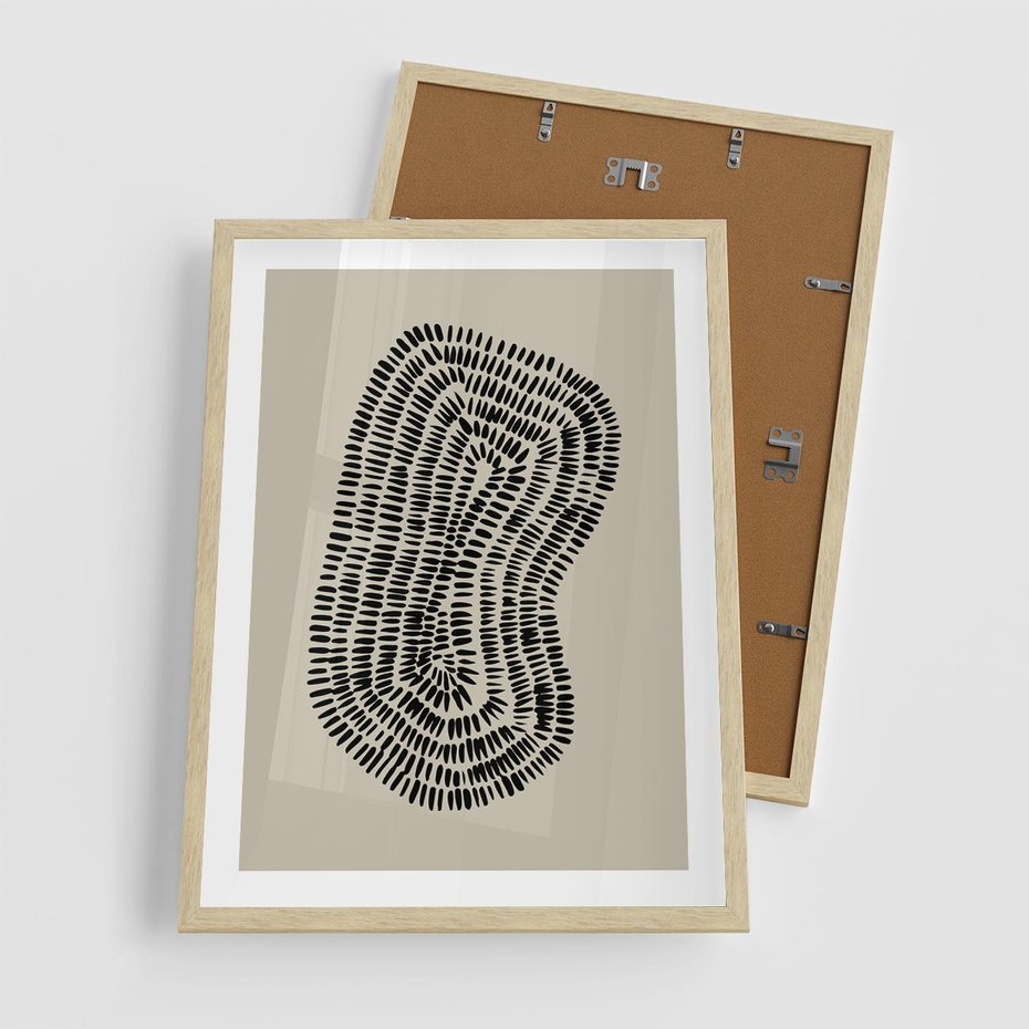 Plakat w ramie 50x70 - Nowoczesne Odbicia Wnętrza - boho plakat, czarne kropki kreski - rama drewno