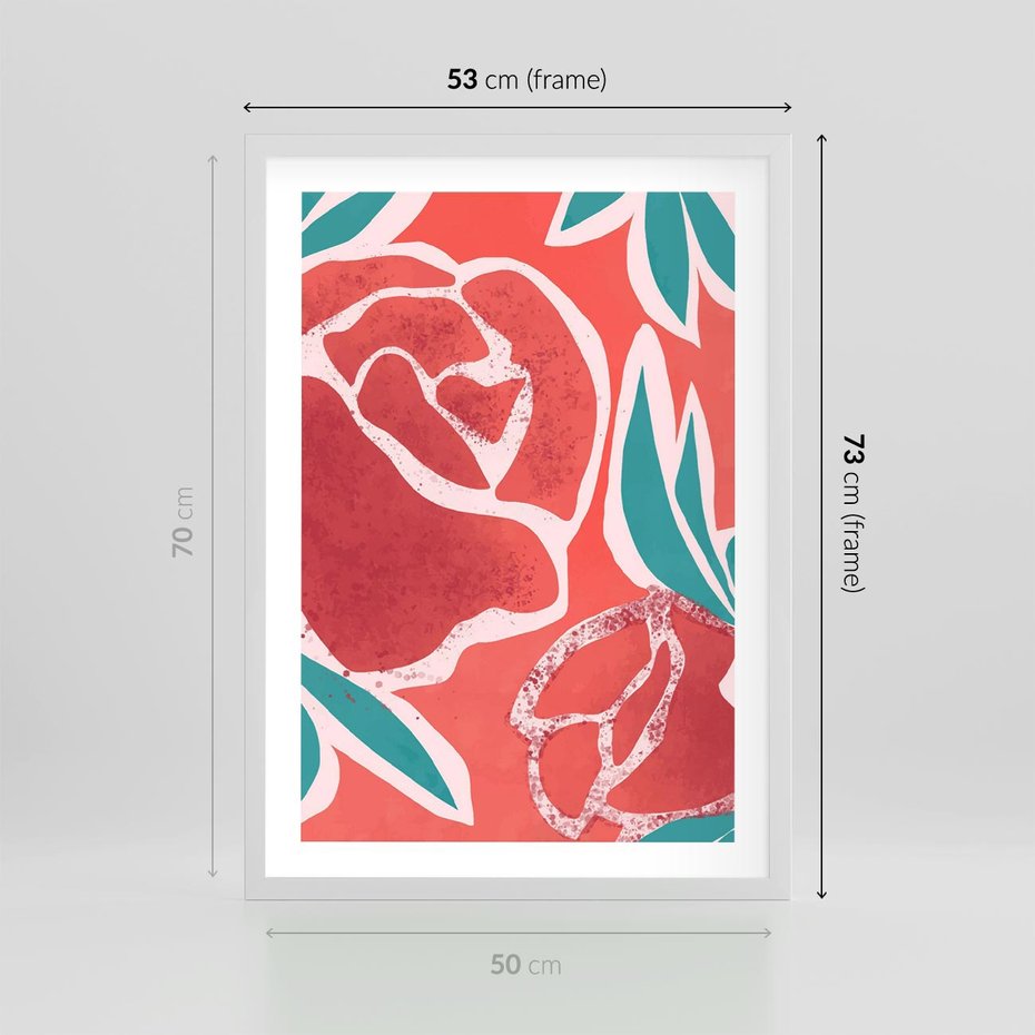 Plakat w ramie 50x70 - Rozkwitające Kształty - nowoczesny plakat, abstrakcyjne róże - rama biała