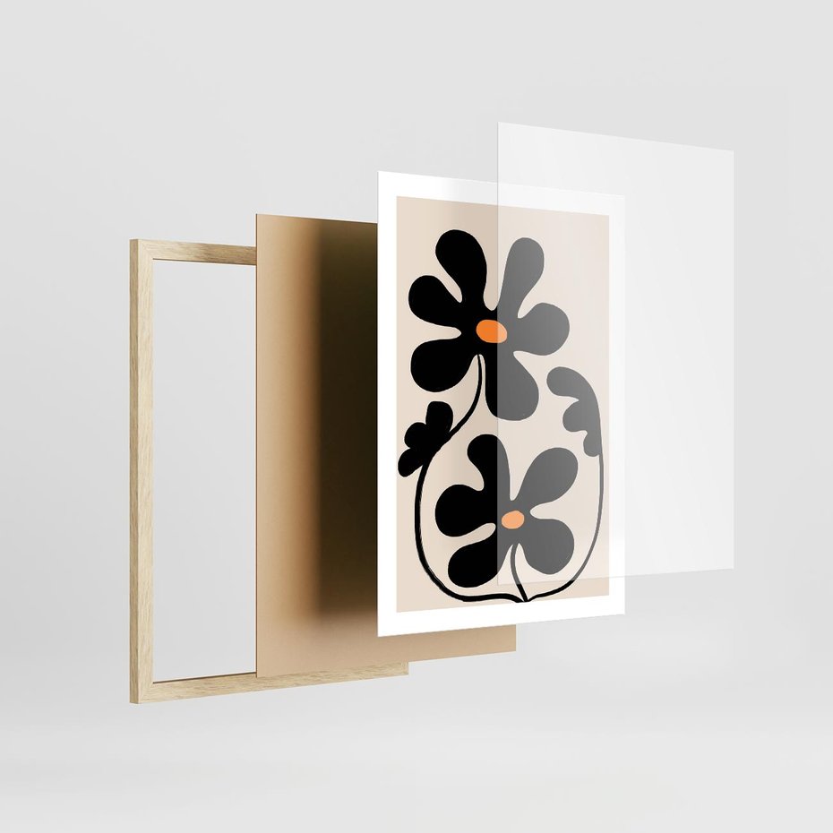 Plakat w ramie 50x70 - Wyjątkowość Boho - minimalistyczny abstrakcyjny obraz, prymitywne kwiaty - rama drewno