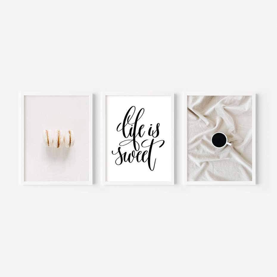 Zestaw obrazy w ramie 50x70 galeria - Makaroniki, kawa, typografia, napisy - rama biała