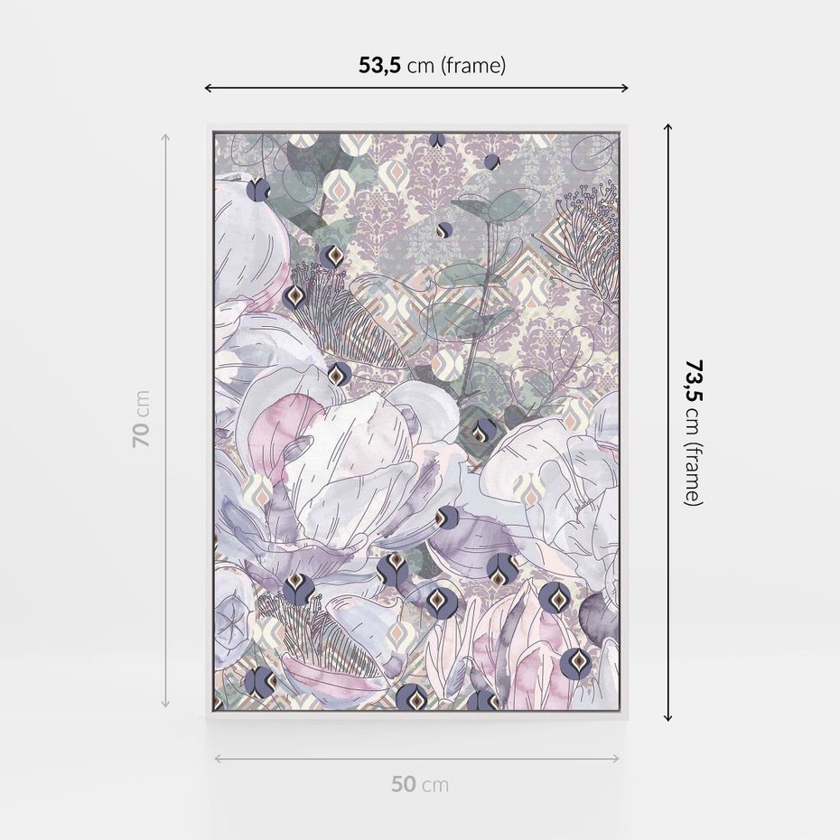 Obraz w ramie 50x70 - Malowane oddechy istnienia - pomieszane tekstury, kwiatowe elementy - rama biała
