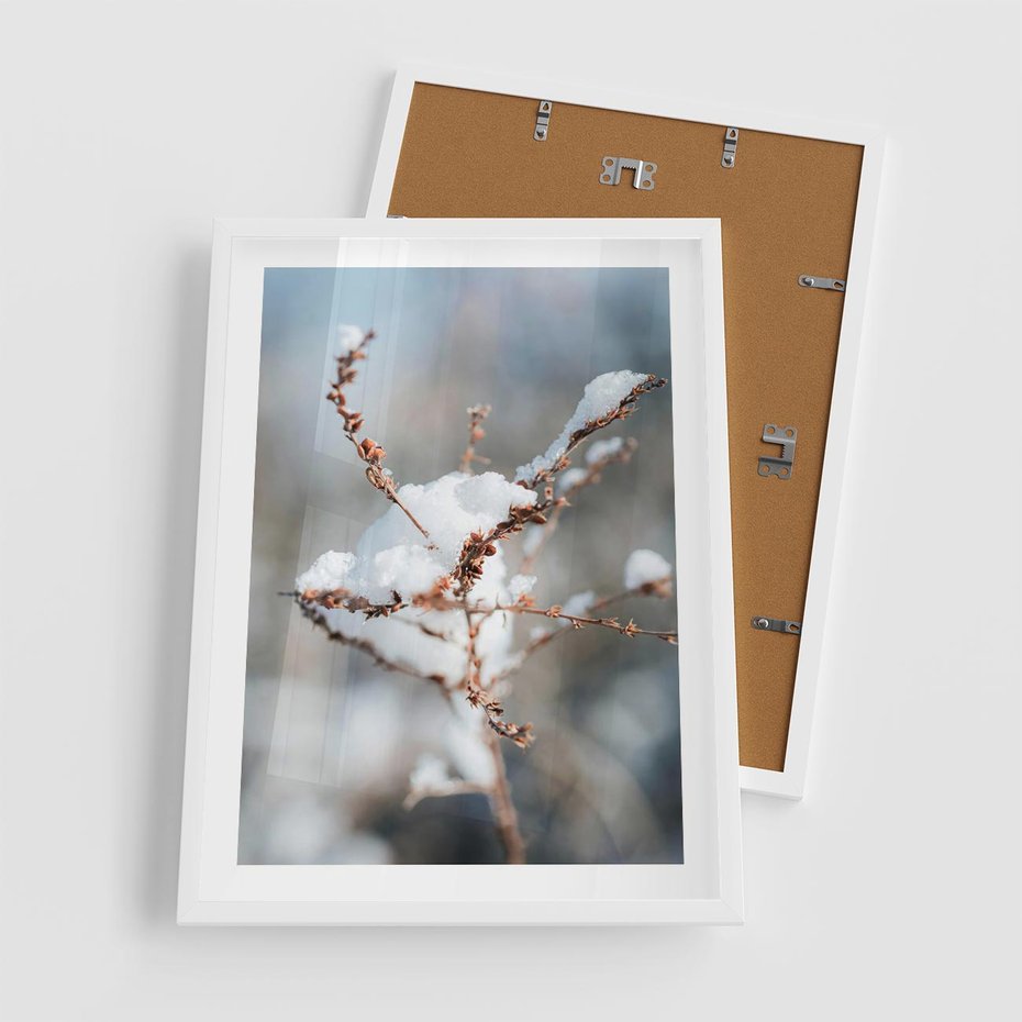 Plakat w ramie 50x70 - Zimowy Urok Natury - gałązki pod śniegiem, natura - rama biała
