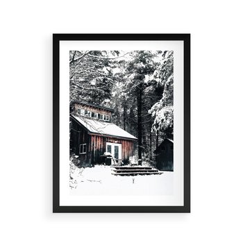 Plakat w ramie 50x70 - Zimowy Urok Drewnianego Domku - zima, drewniany domek - rama czarna