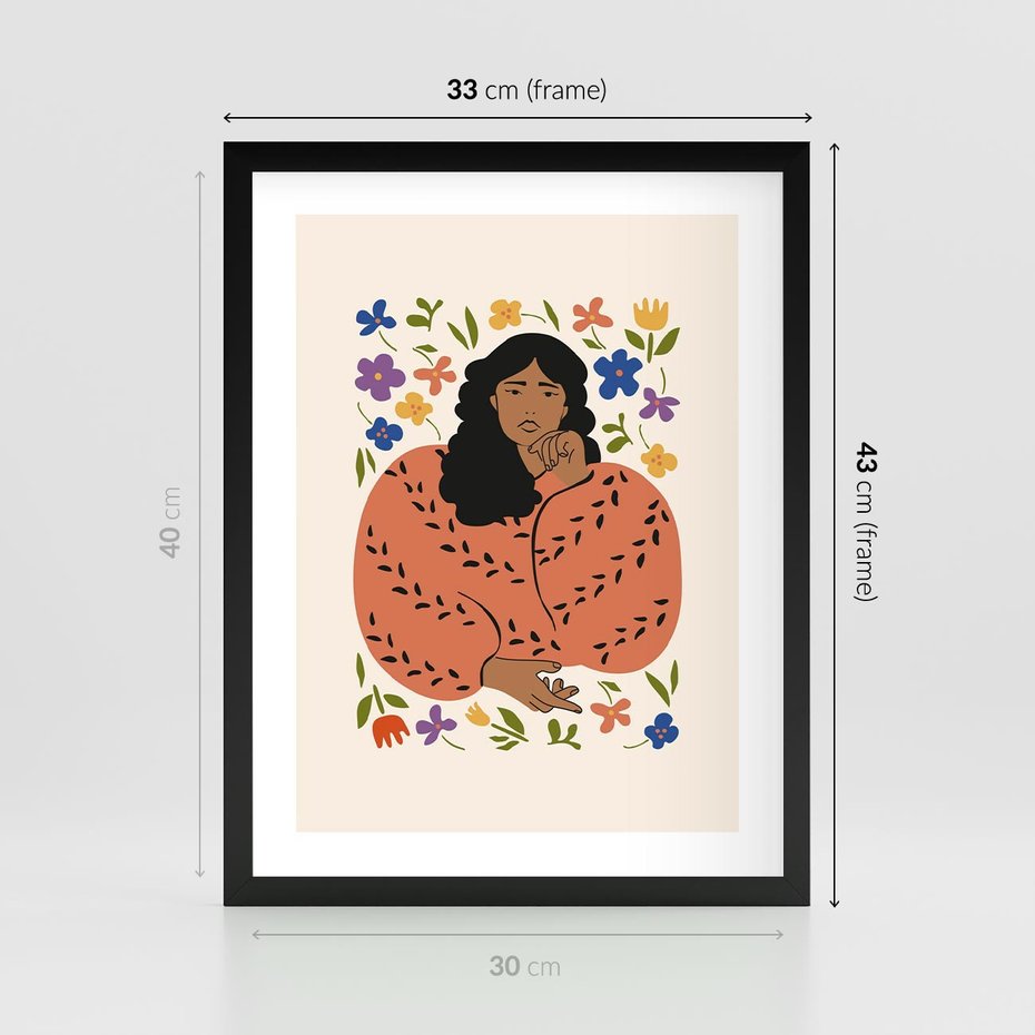 Plakat w ramie 30x40 - Rozplątane Emocje - nowoczesny plakat, kobieta otoczona kwiatami - rama czarna