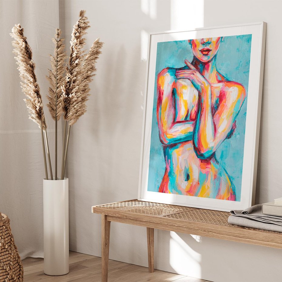 Plakat w ramie 30x40 - Nagie Natchnienie - obraz olejny, naga kobieta - rama biała