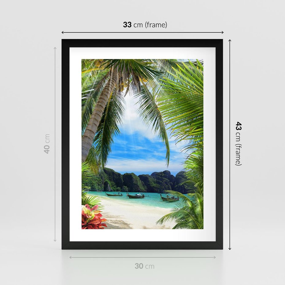 Plakat w ramie 30x40 - Palmy tańczące na tropikalnej plaży - palmy, plaża - rama czarna