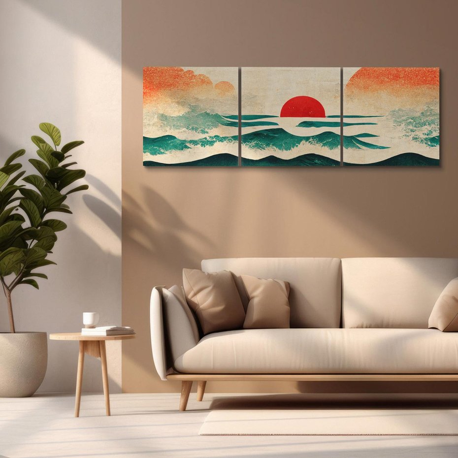 Obraz na płótnie 150x50 - Czerwone Melodie - japońska sztuka, zachód słońca nad oceanem