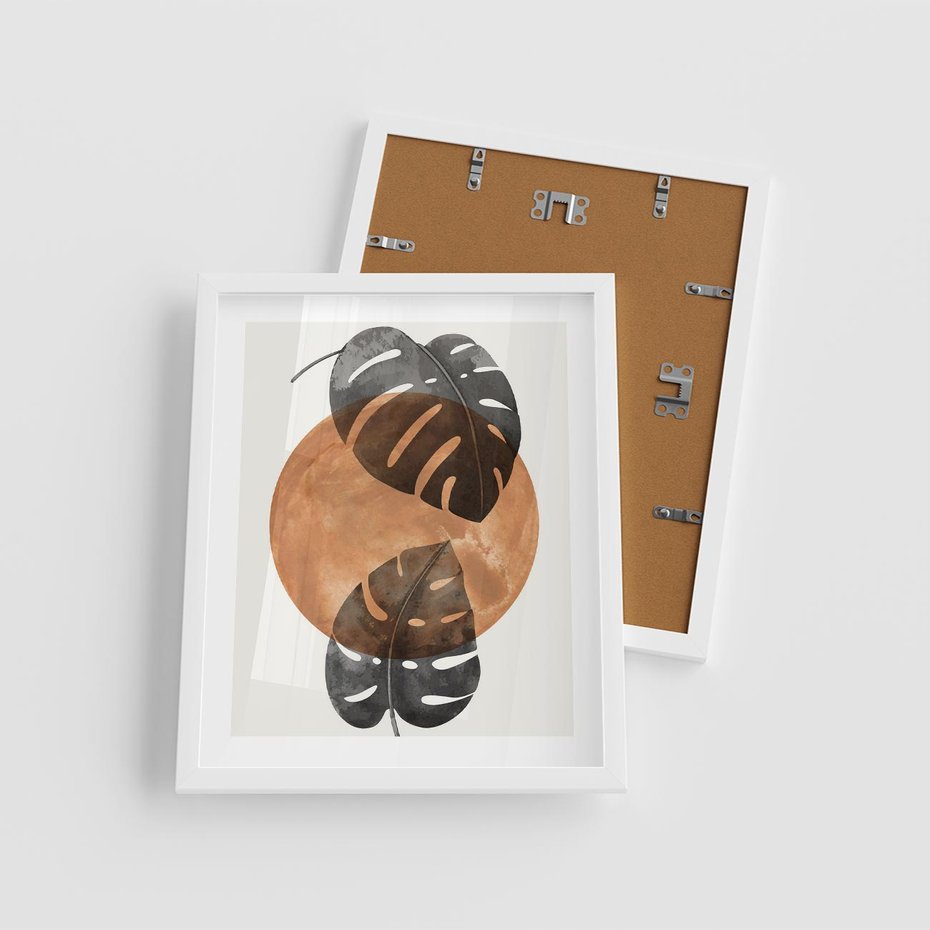 Plakat w ramie 40x50 - Elegancja w Detalach: Miedziane Koło z Monsterą - grafika, miedziane koło - rama biała