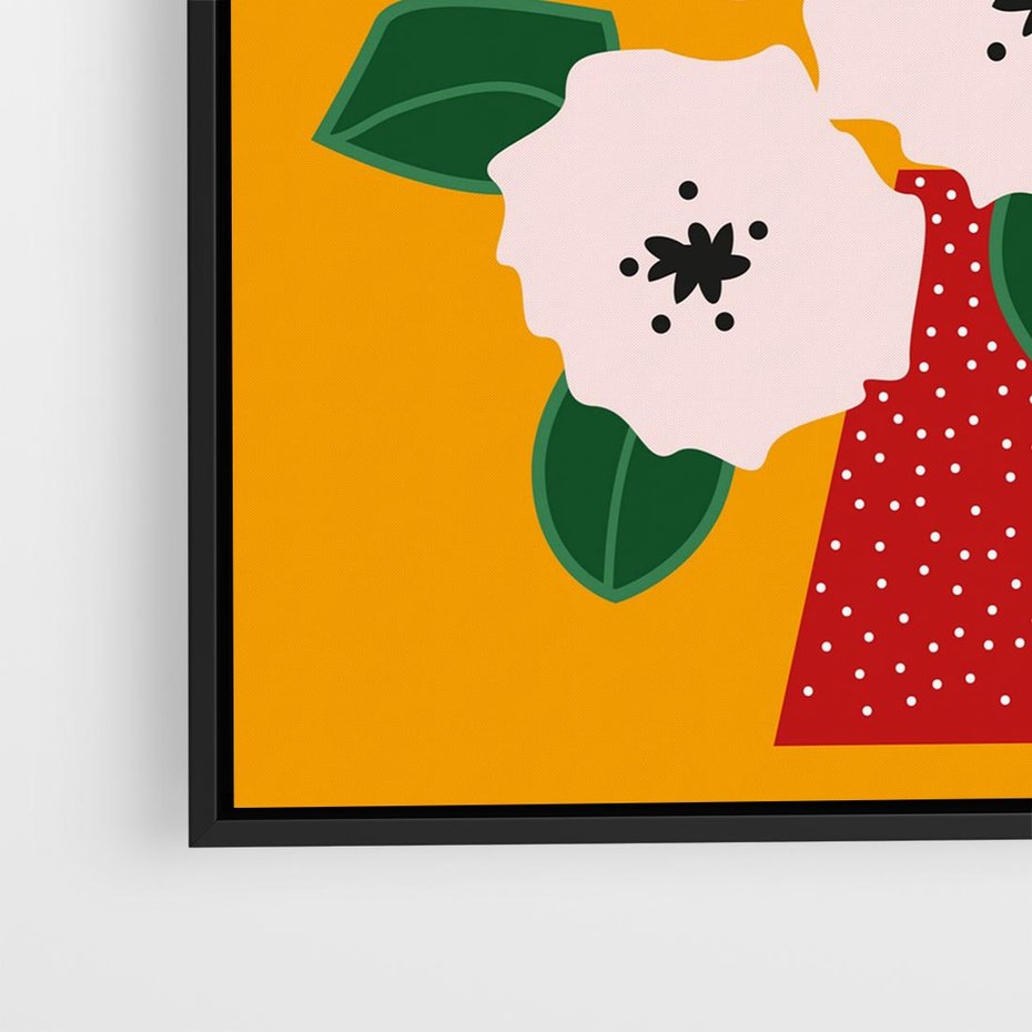 Obraz w ramie 50x50 - Harmonijne Granice - abstrakcyjne kwiaty, żółte tło - rama czarna