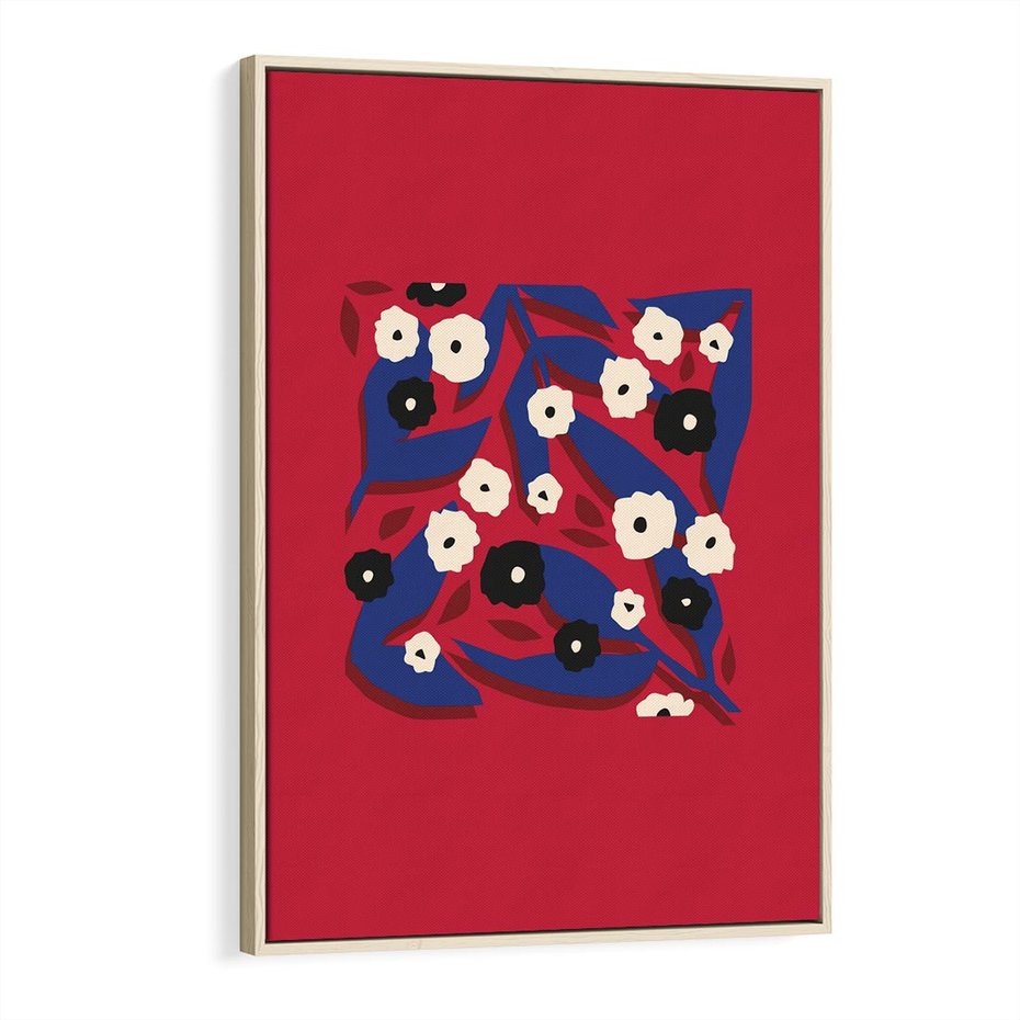 Obraz w ramie 70x100 - Kolorowe Przenikanie - abstrakcyjna kwiatowa kompozycja, czerwone mocne tło - rama drewno