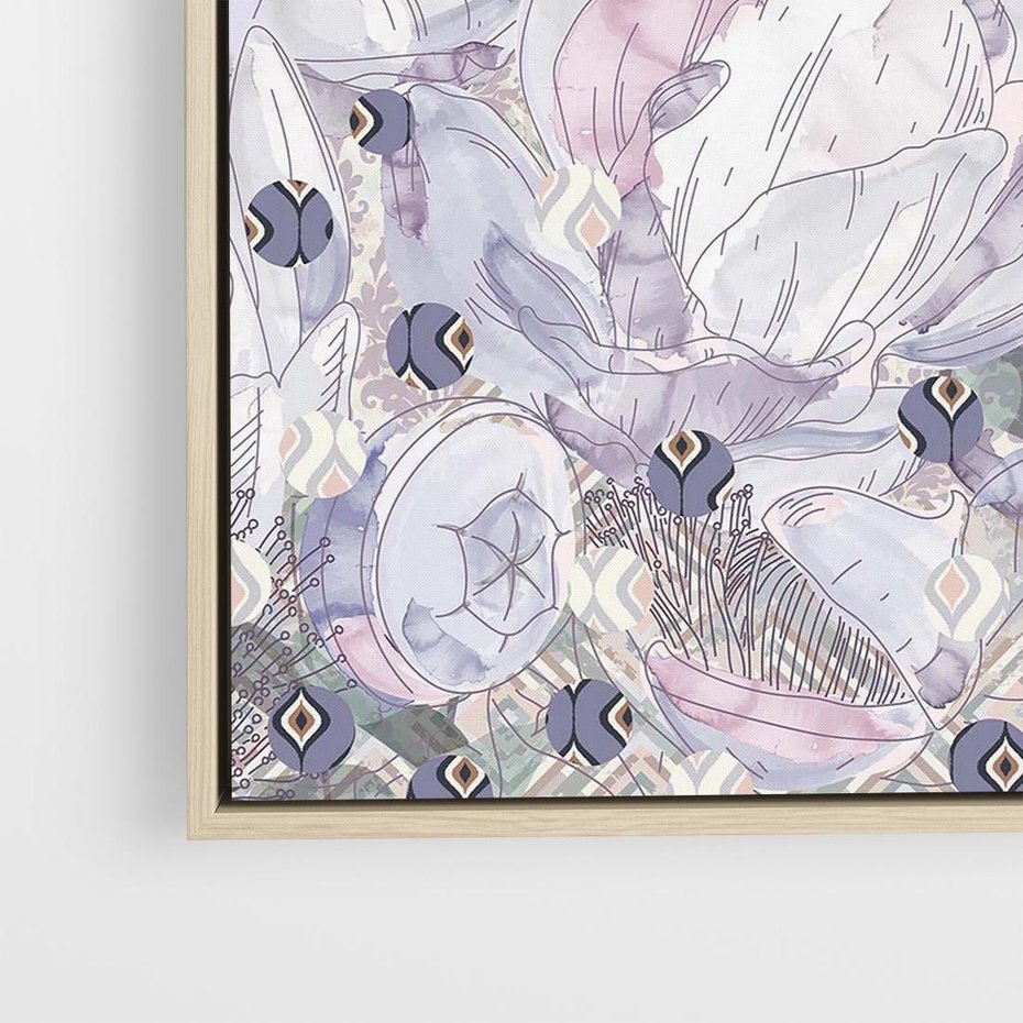 Obraz w ramie 50x50 - Malowane oddechy istnienia - pomieszane tekstury, kwiatowe elementy - rama drewno