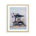 Plakat w ramie 40x50 - Plażowa Kolorystyka: Budka Ratownika w Pastelach - pastelowa budka ratownika, plaża Miami - rama drewno
