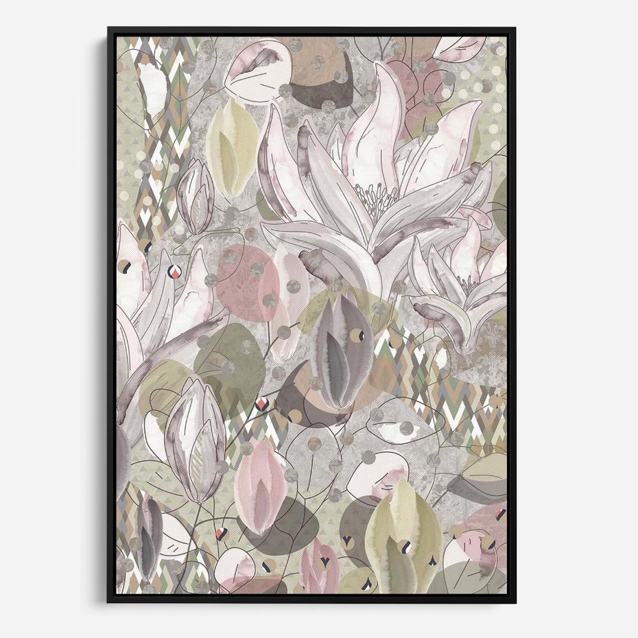 Obraz w ramie 70x100 - Pejzaże zatajonej duszy - połączenie tekstur, roślinne motywy - rama czarna