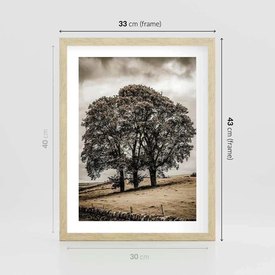 Plakat w ramie 30x40 - Spokojna Osamotniona Chwila - beżowe kolory, samotne drzewo na polu - rama drewno