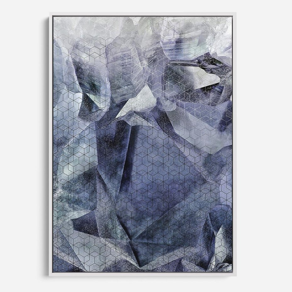 Obraz w ramie 70x100 - Melodia mgieł i marzeń - abstrakcja w kolorze granatu, przypominająca górę lodową - rama biała