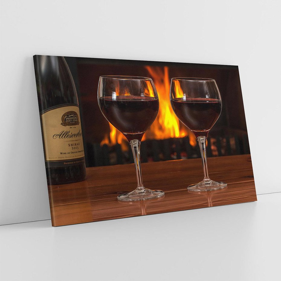 Obraz na płótnie 120x80 - Wino, Kieliszki, Kominek - Wieczór Pełen Relaksu - wino, kieliszki