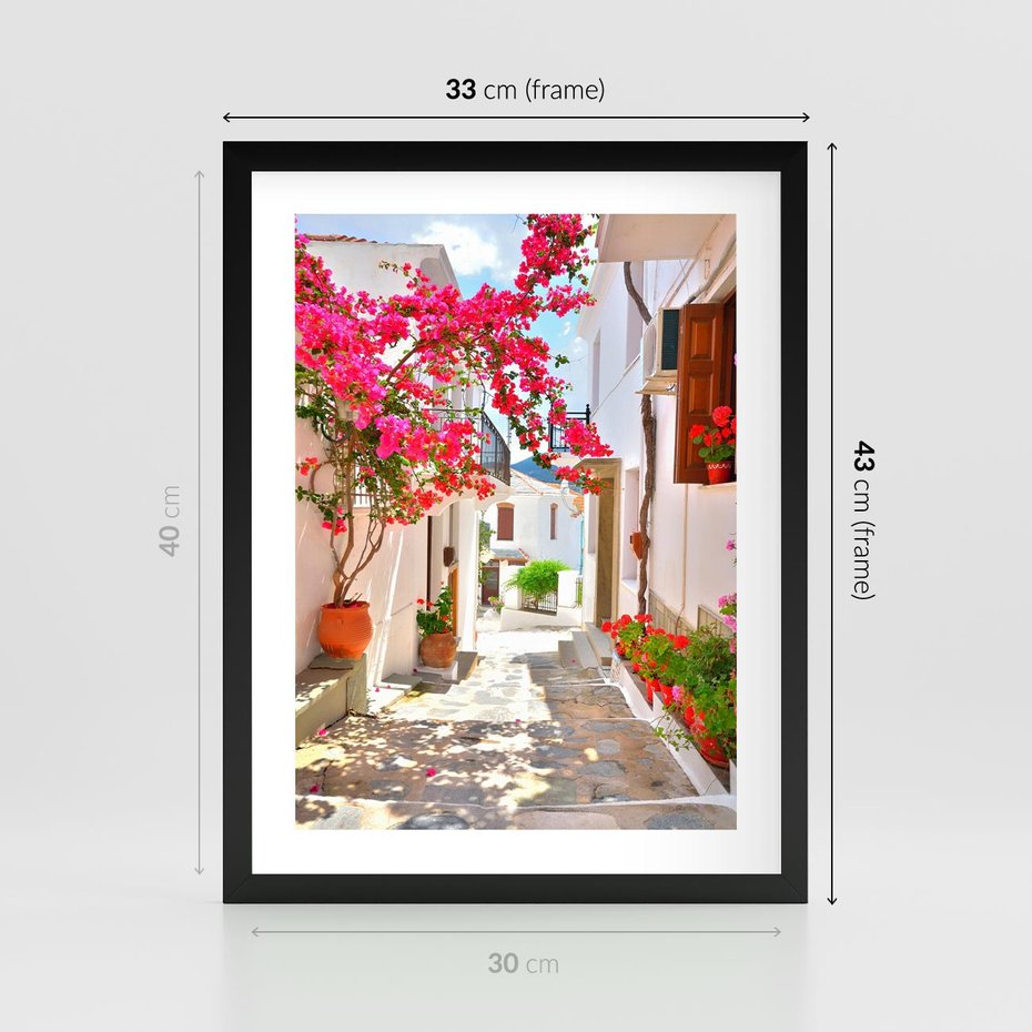 Plakat w ramie 30x40 - Kwiatowa uliczka wakacji - kwiaty, uliczka - rama czarna