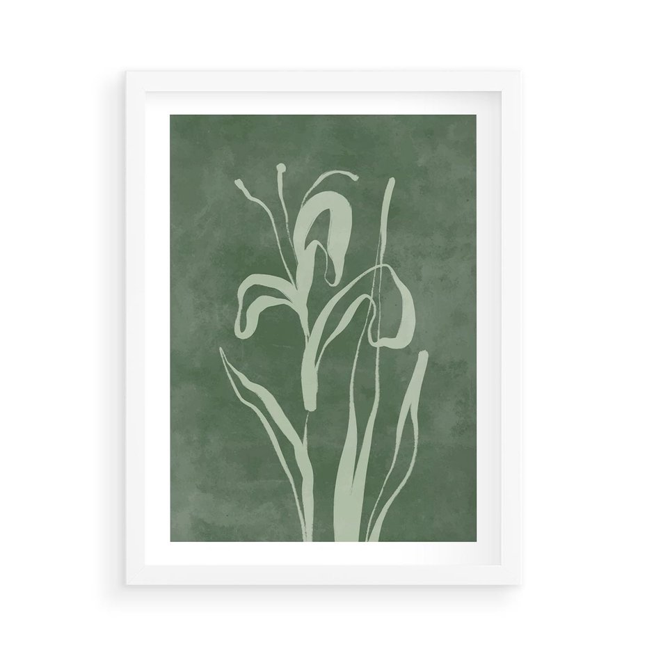 Plakat w ramie 50x70 - Zielony Oddech - zielona abstrakcja, zgaszona zieleń - rama biała