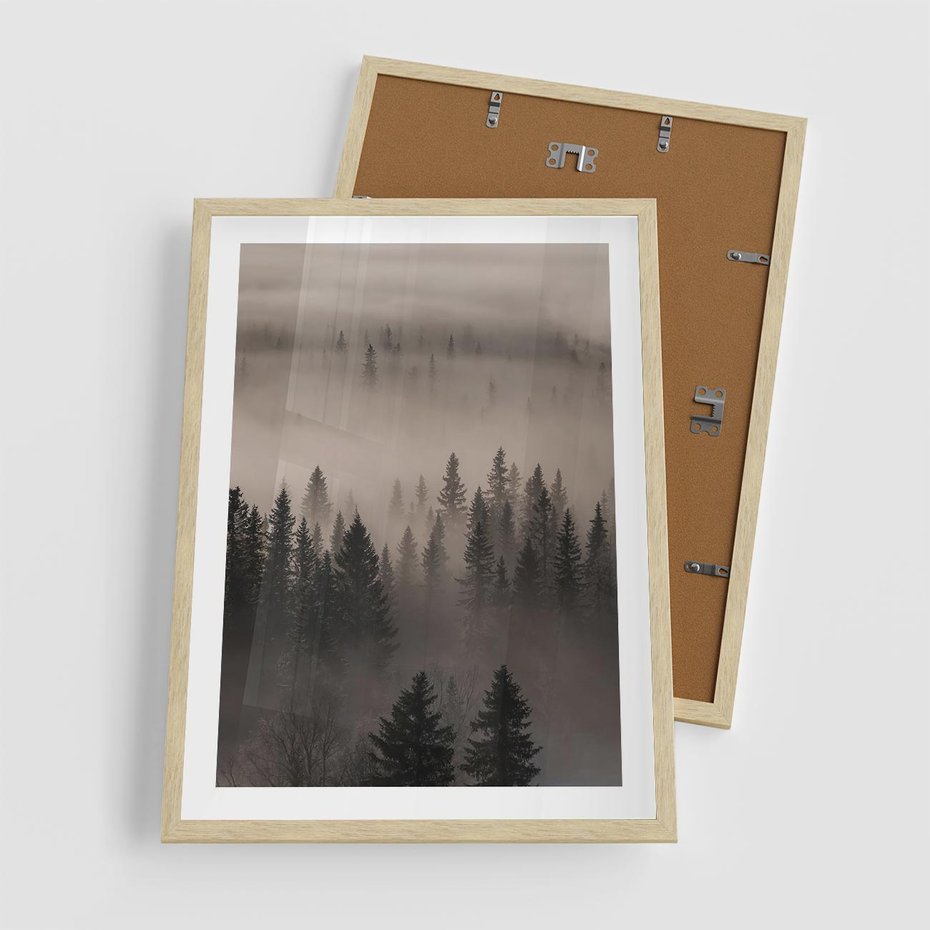 Plakat w ramie 50x70 - Mglista Opowieść Lasu - las, mgła - rama drewno