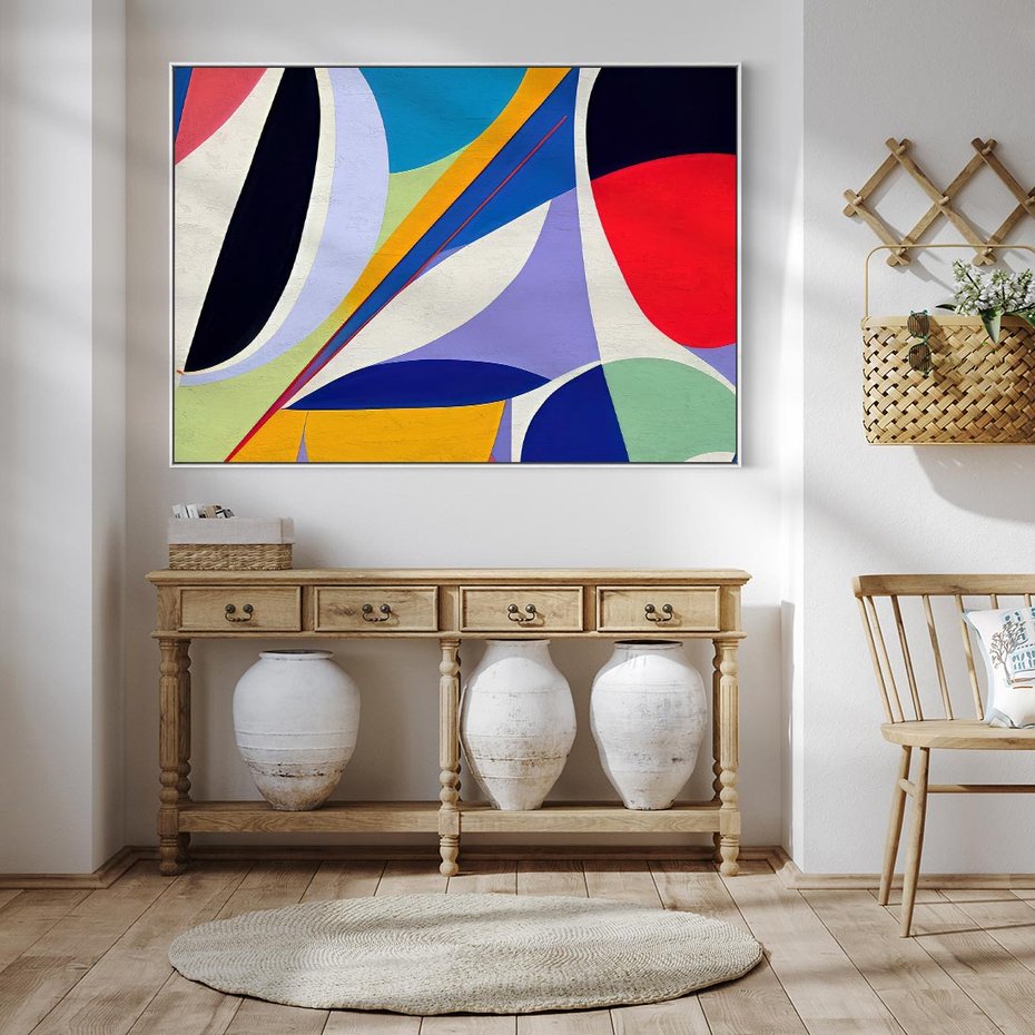 Obraz w ramie 120x80 - Kolorowe Przesunięcia Kształtów - abstrakcyjny obraz olejny, żywe kolory - rama biała