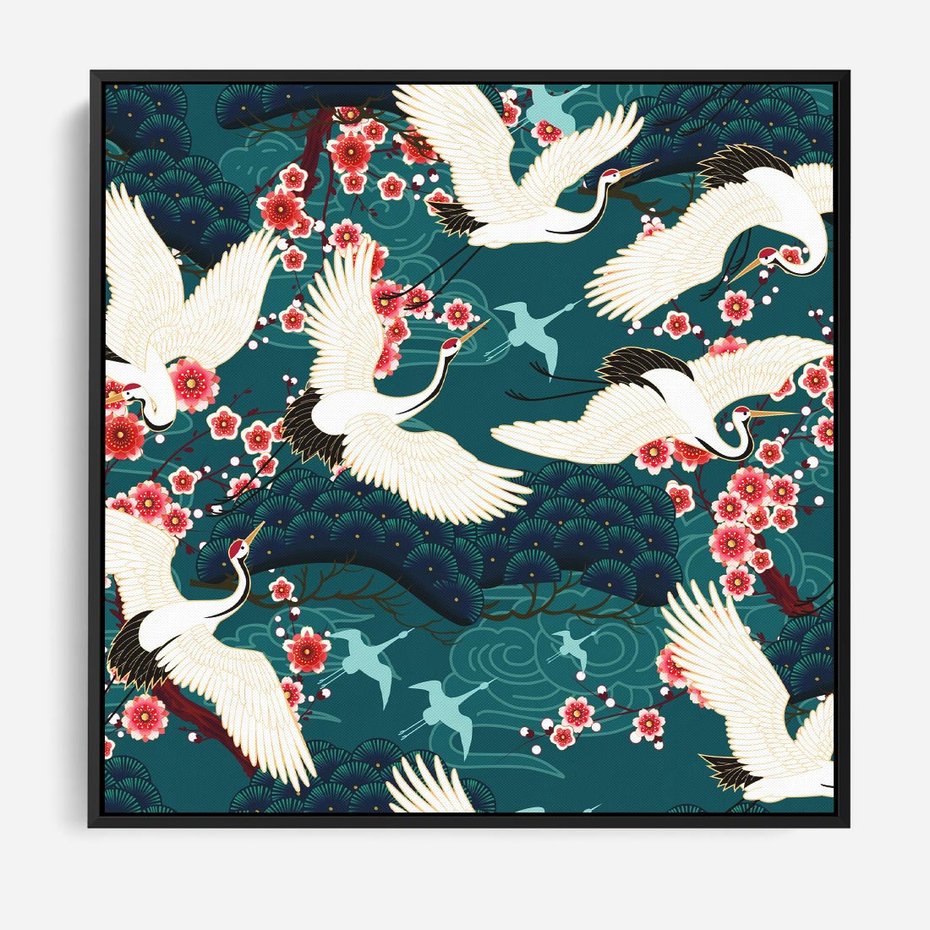 Obraz w ramie 50x50 - Żurawie Wachlarze - orientalne japońskie żurawie, grafika - rama czarna