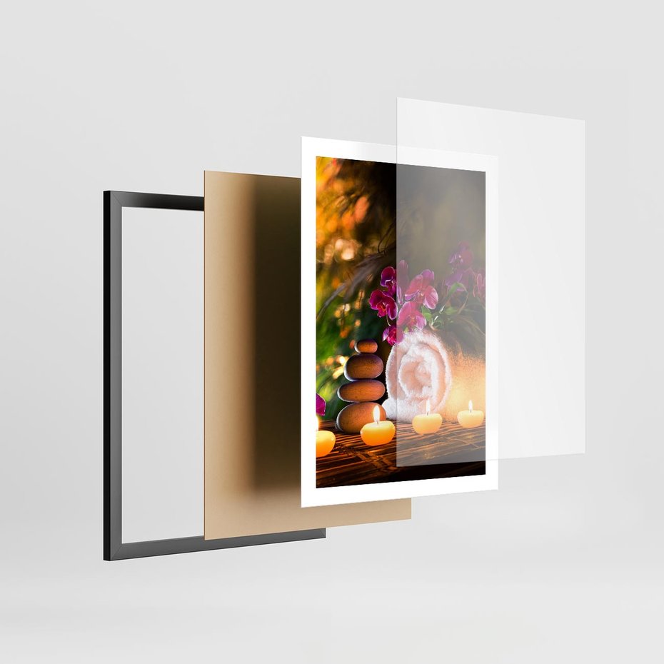 Plakat w ramie 50x70 - Relaksujące spa z płonącymi świecami - spa, świece - rama czarna