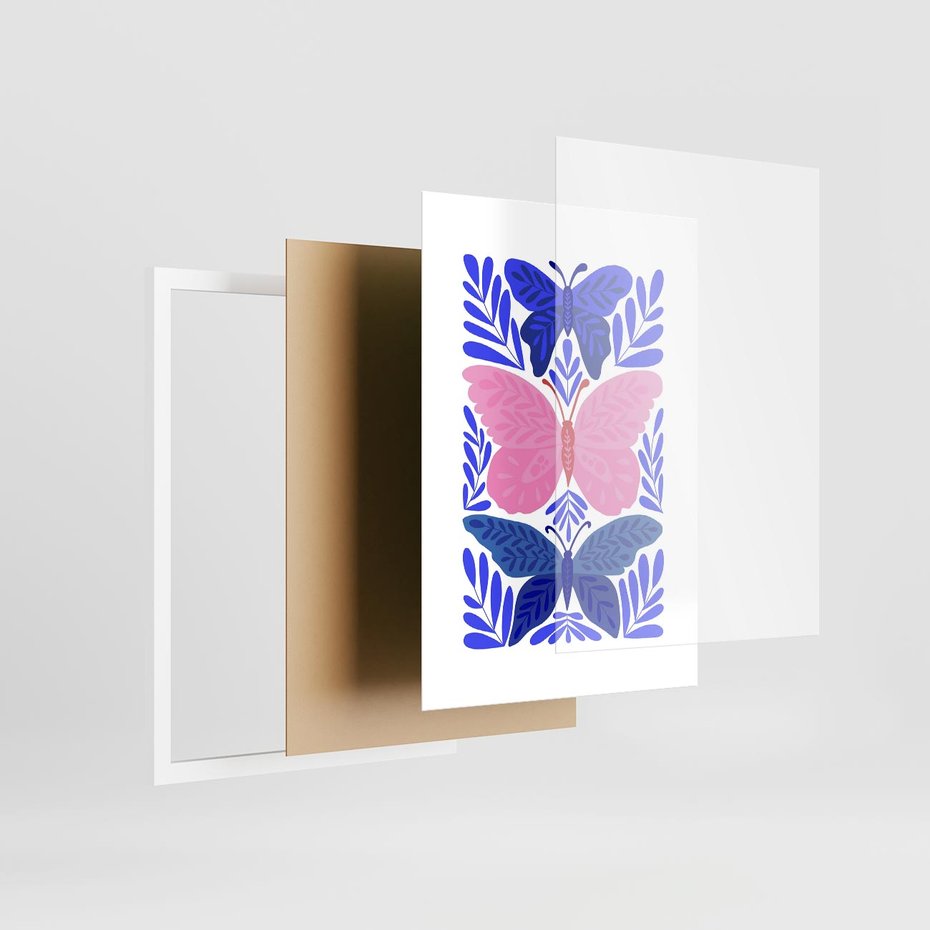 Plakat w ramie 50x70 - Delikatna Symfonia Natury - motyle, rośliny - rama biała
