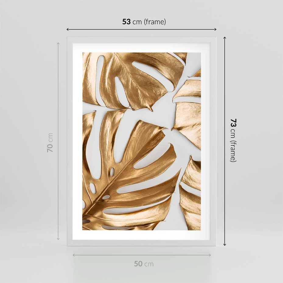 Plakat w ramie 50x70 - Złote Akcenty w Fotografii - złotel liście monstery, na białym tle - rama biała